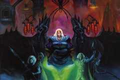 The cover for Book 1 of the Menzoberranzan D&D boxed set, depicting a drow mage and four warriors protecting the entrance to the city