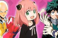 A composed image showing Saitama from One Punch Man, Anya from Spy x Family, and Deku from My Hero Academia