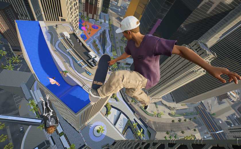 A skater jumps off a building in Skate.